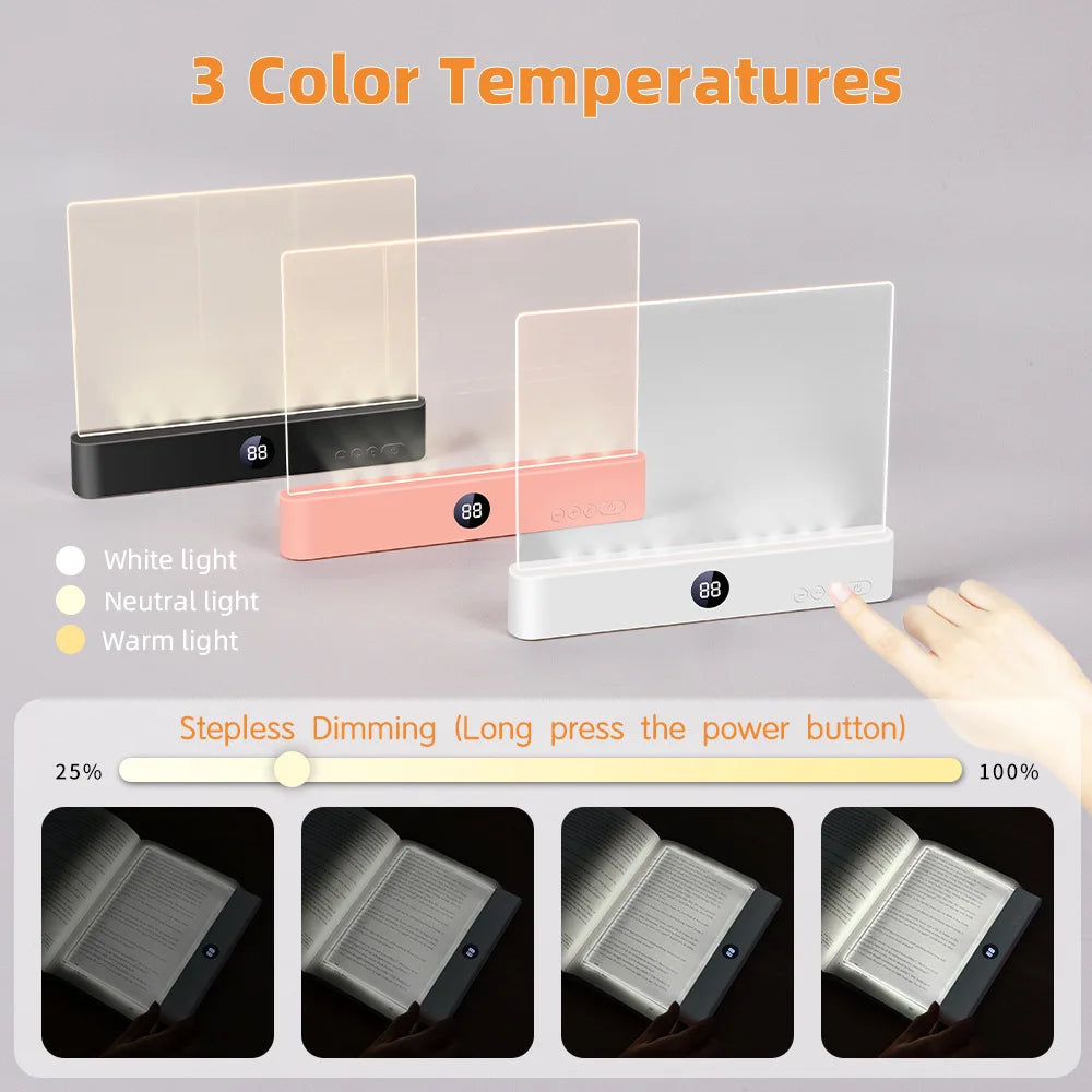 Smart Led Reading Light, Book Lights at Night, Rechargeable Clear Flat Reading Lights with 3 Colors & Timer, Eye-Friendly Glow